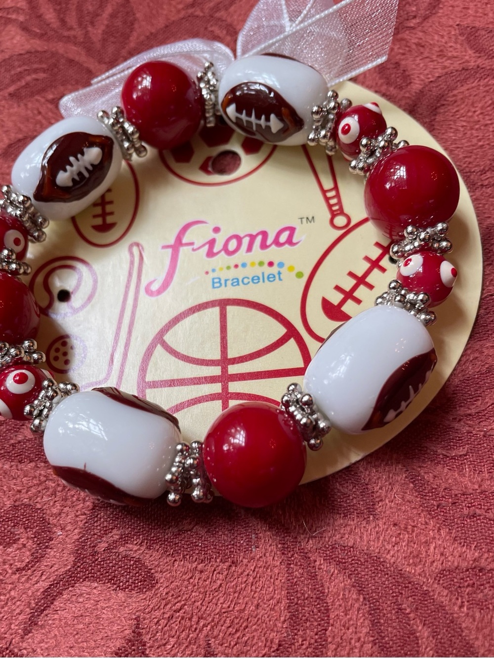 Football bracelet Red and white glass beads stretch.